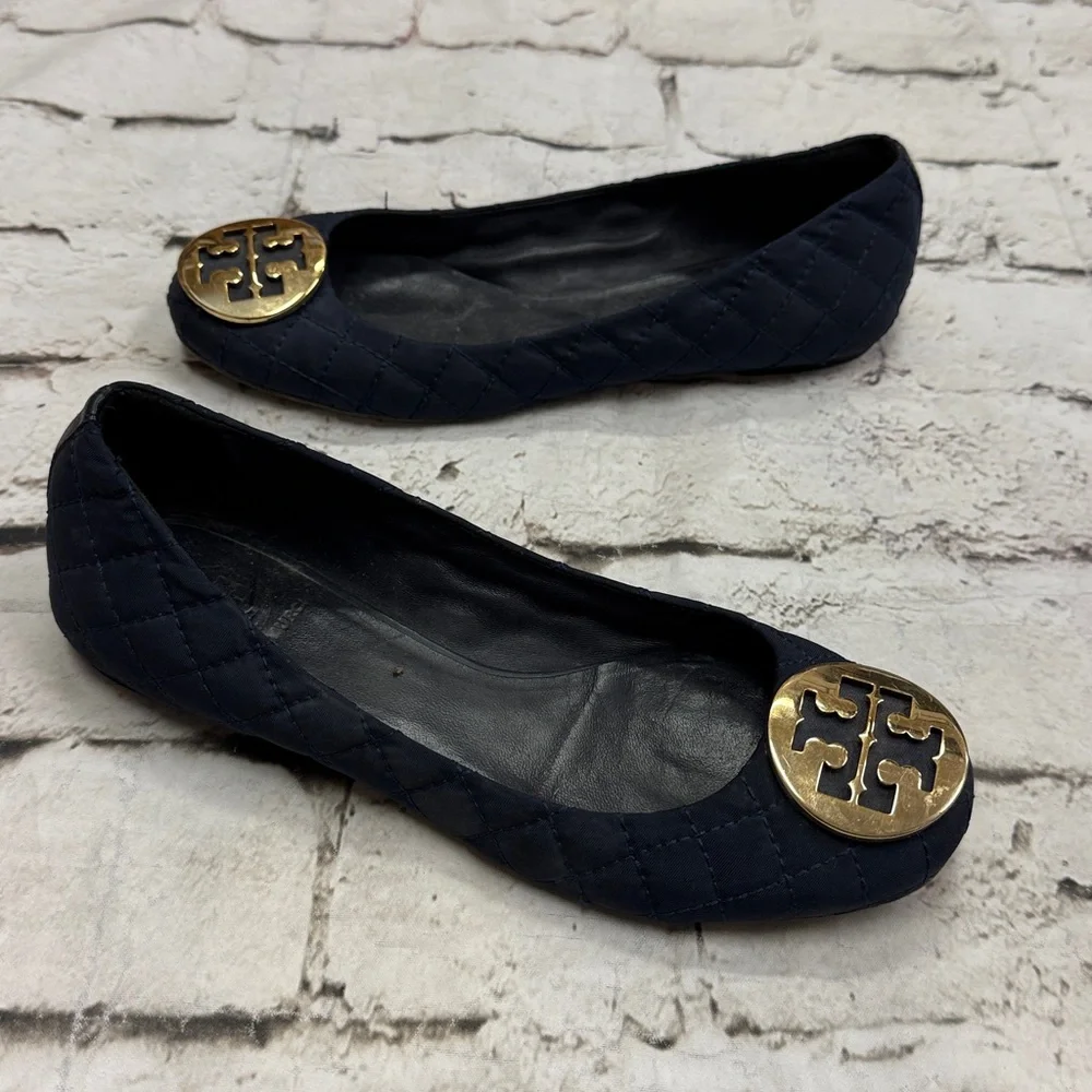 Tory Burch Quinn Quilted Navy Blue Nylon Ballet Flats Shoes Size 8 Women’s